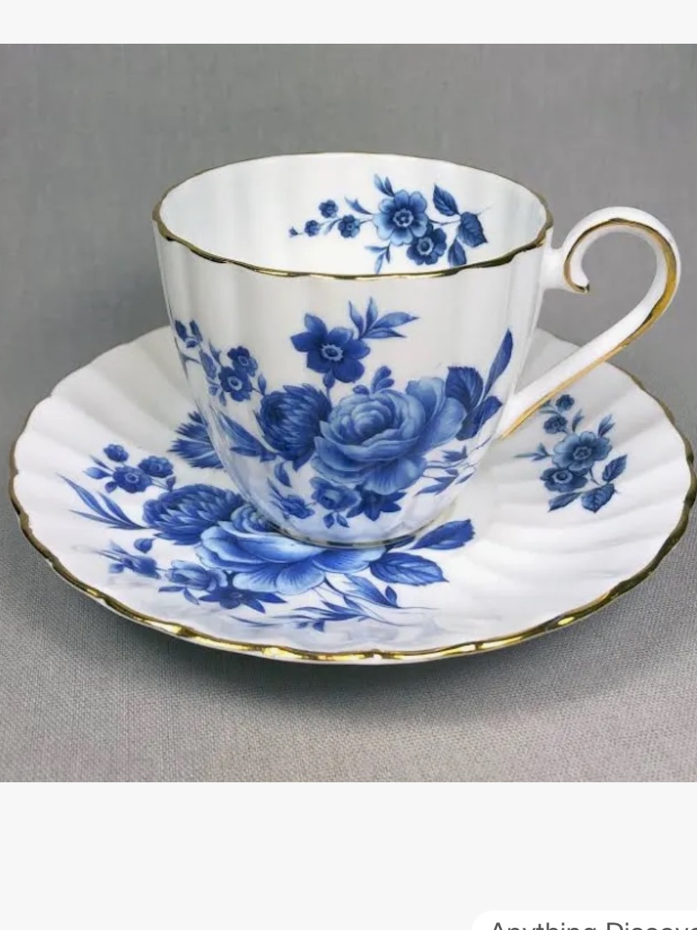Royal Tuscan Fine Bone China Blue Floral Scalloped Teacup and Saucer Gold Trim